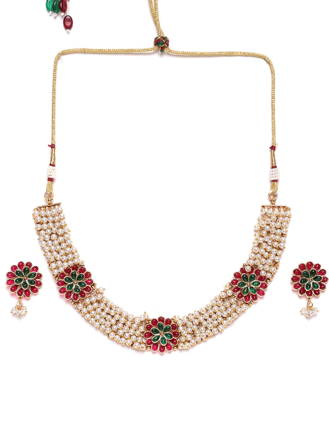 Gold-Plated Stones Studded & Beaded Necklace & Earrings
