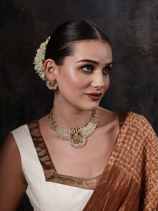 Gold-Plated Stones Studded & Beaded Necklace & Earrings