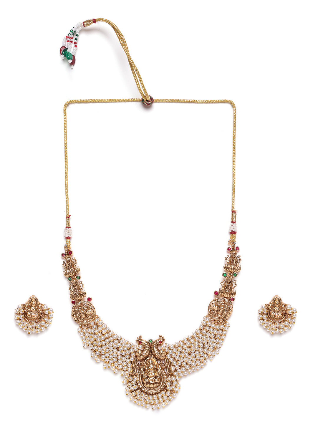 Gold-Plated Stones Studded & Beaded Necklace & Earrings