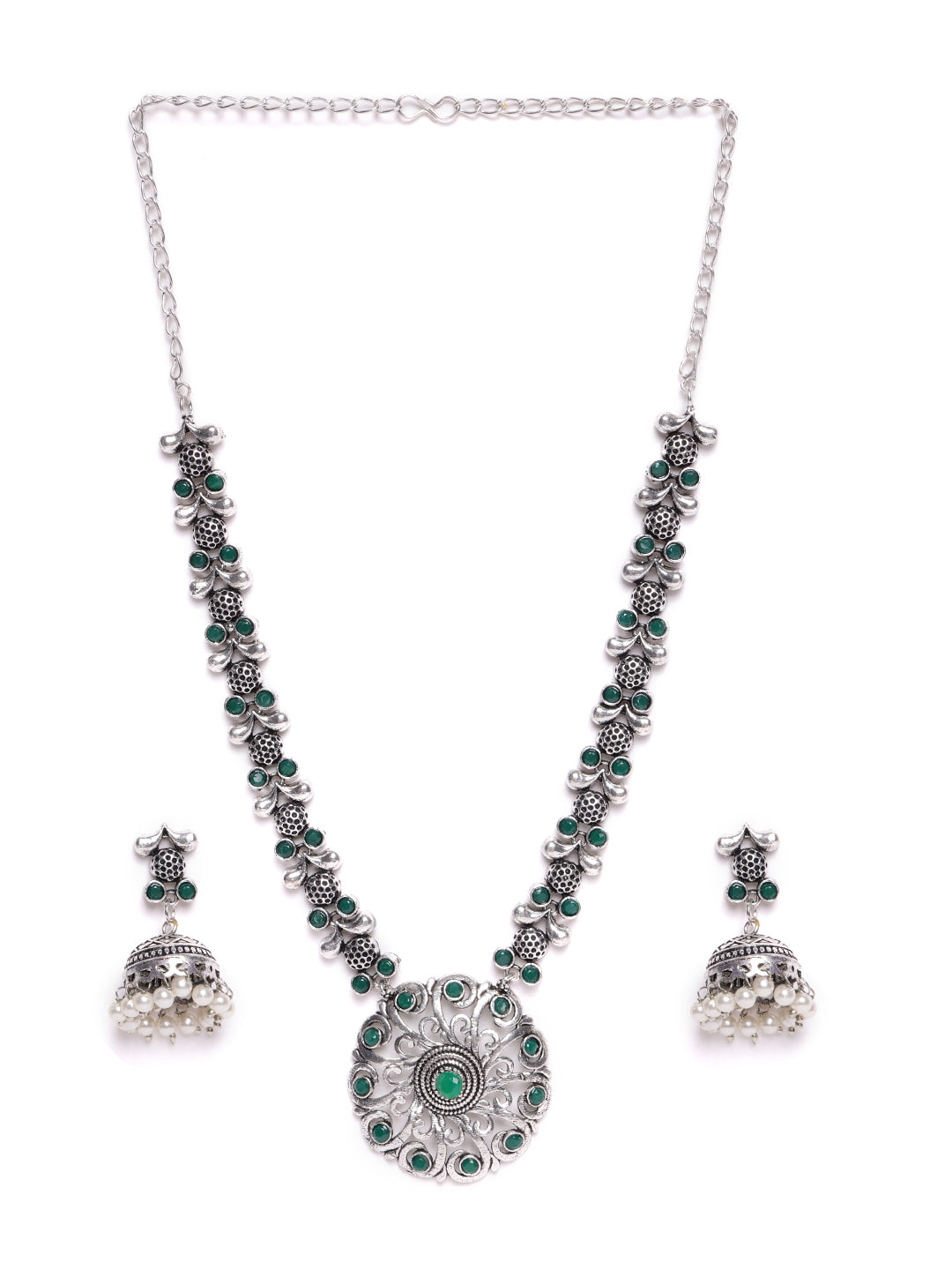 Sliver Plated Cubic Zirconia Studded Oxidised Jewellery Set