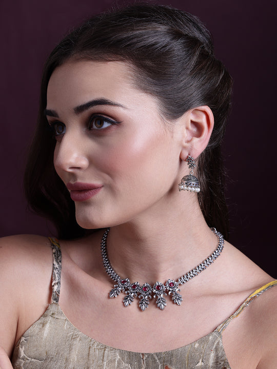 Silver-Plated Stone-Studded & Beaded Jewellery Set