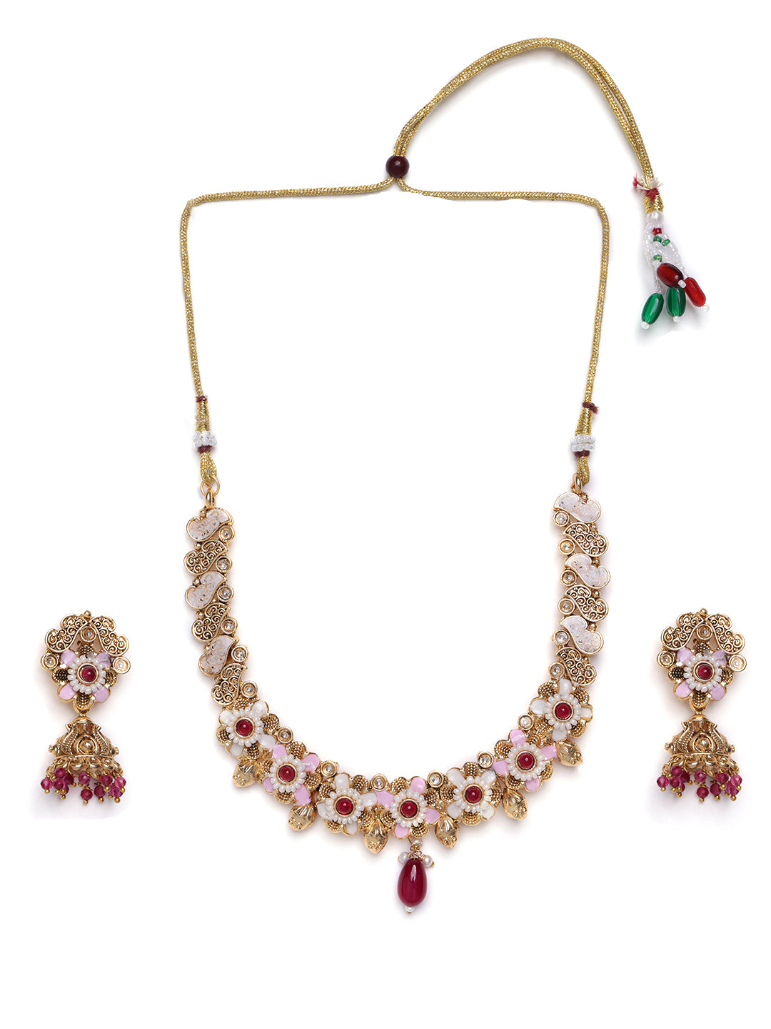 Gold-Plated Stone-Studded & Beaded Jewellery Set