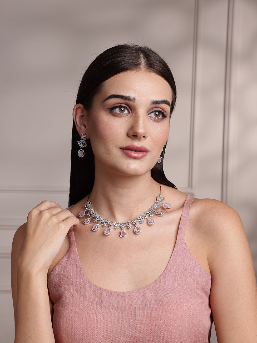 Silver-Plated Solitaire Stones Studded Jewellery Set