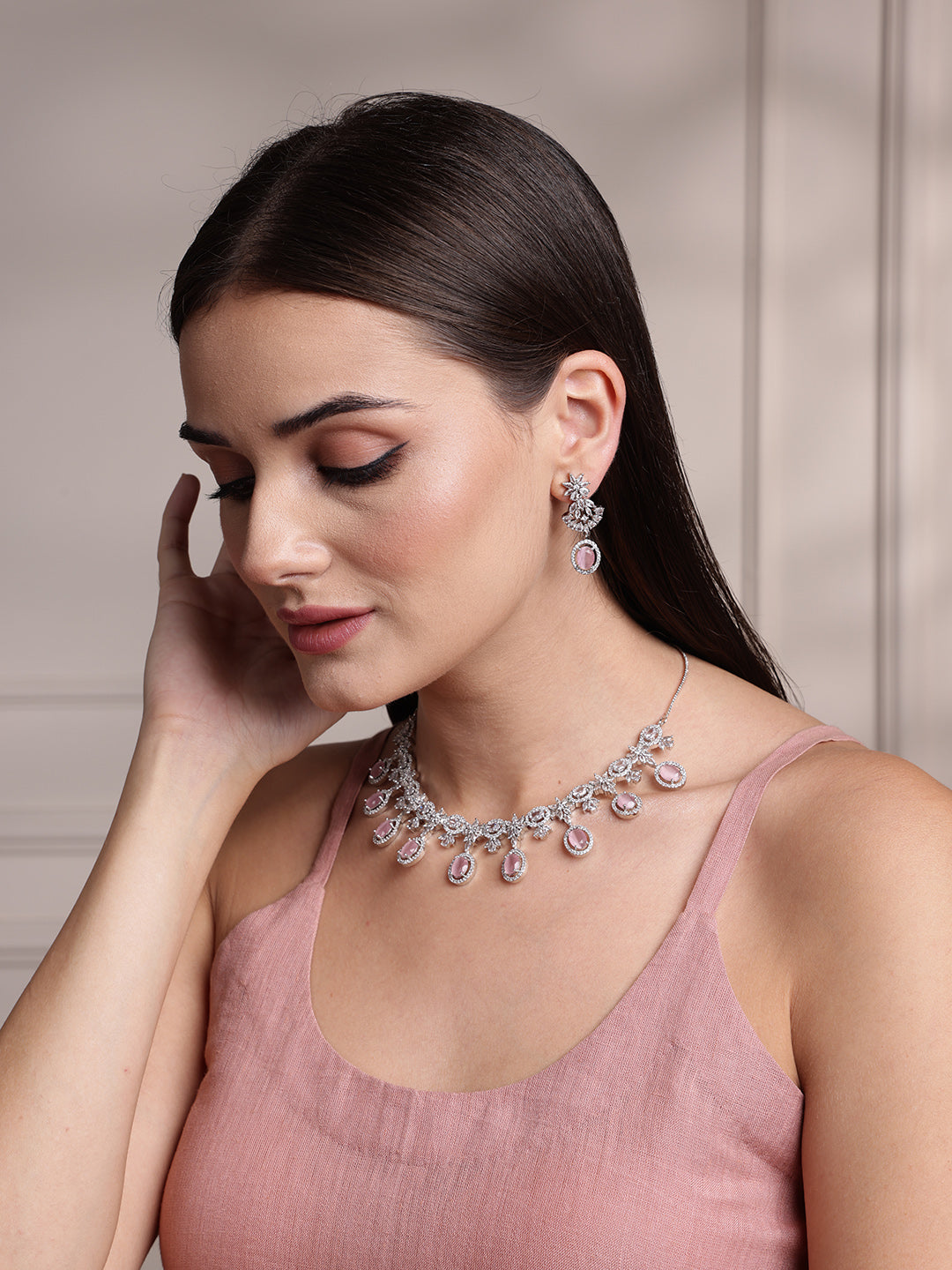 Silver-Plated Solitaire Stones Studded Jewellery Set
