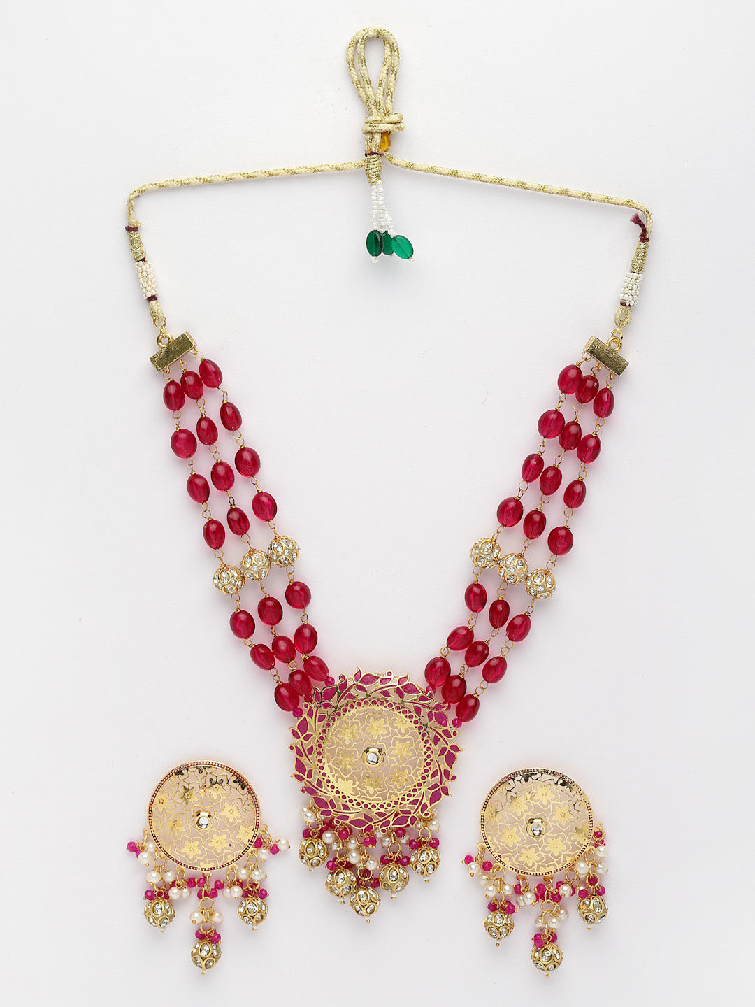 Gold Plated Stones Studded & Beaded Jewellery Set
