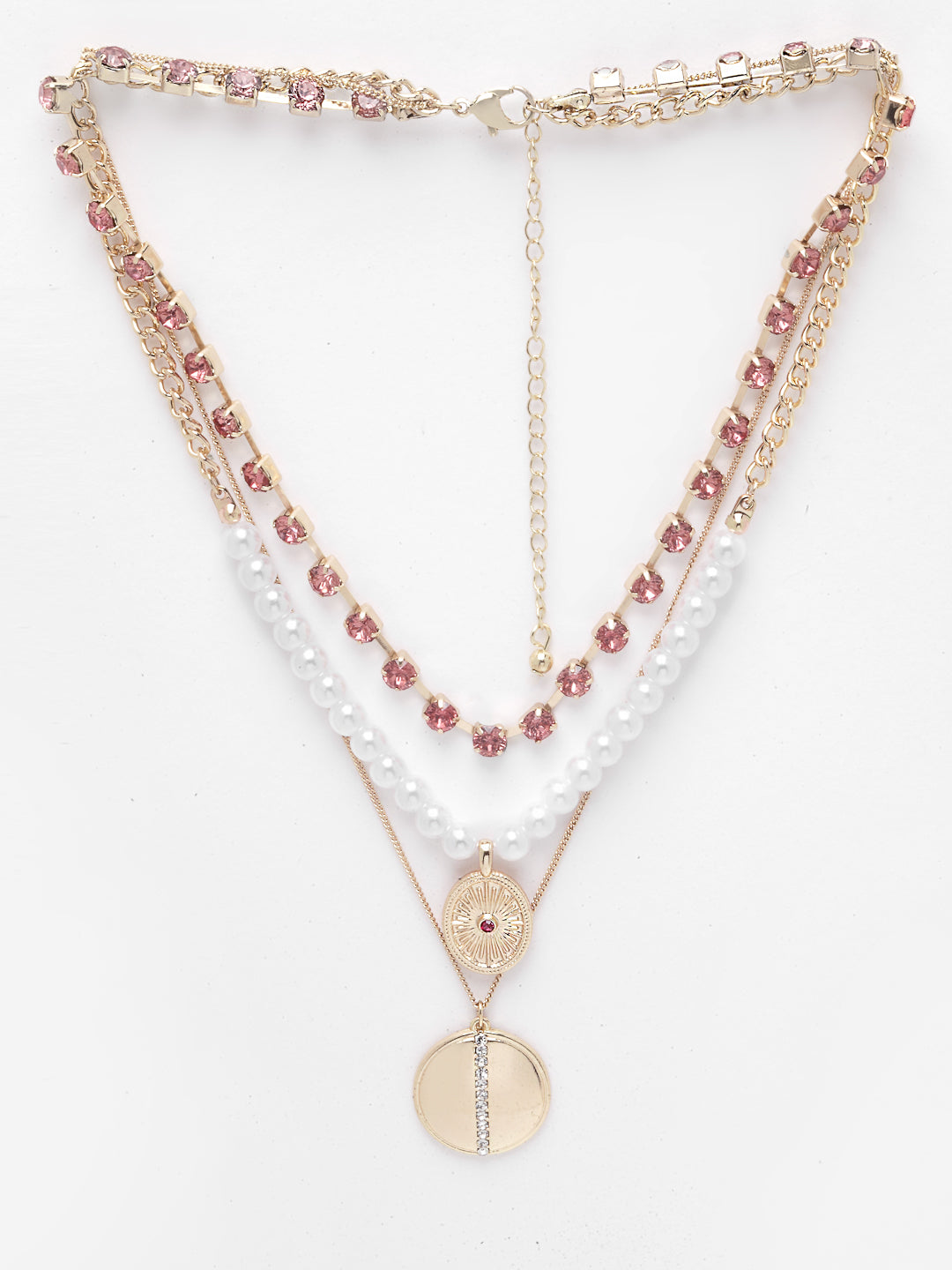 Women Gold-Plated Pearls CZ Stone-Studded Layered Necklace