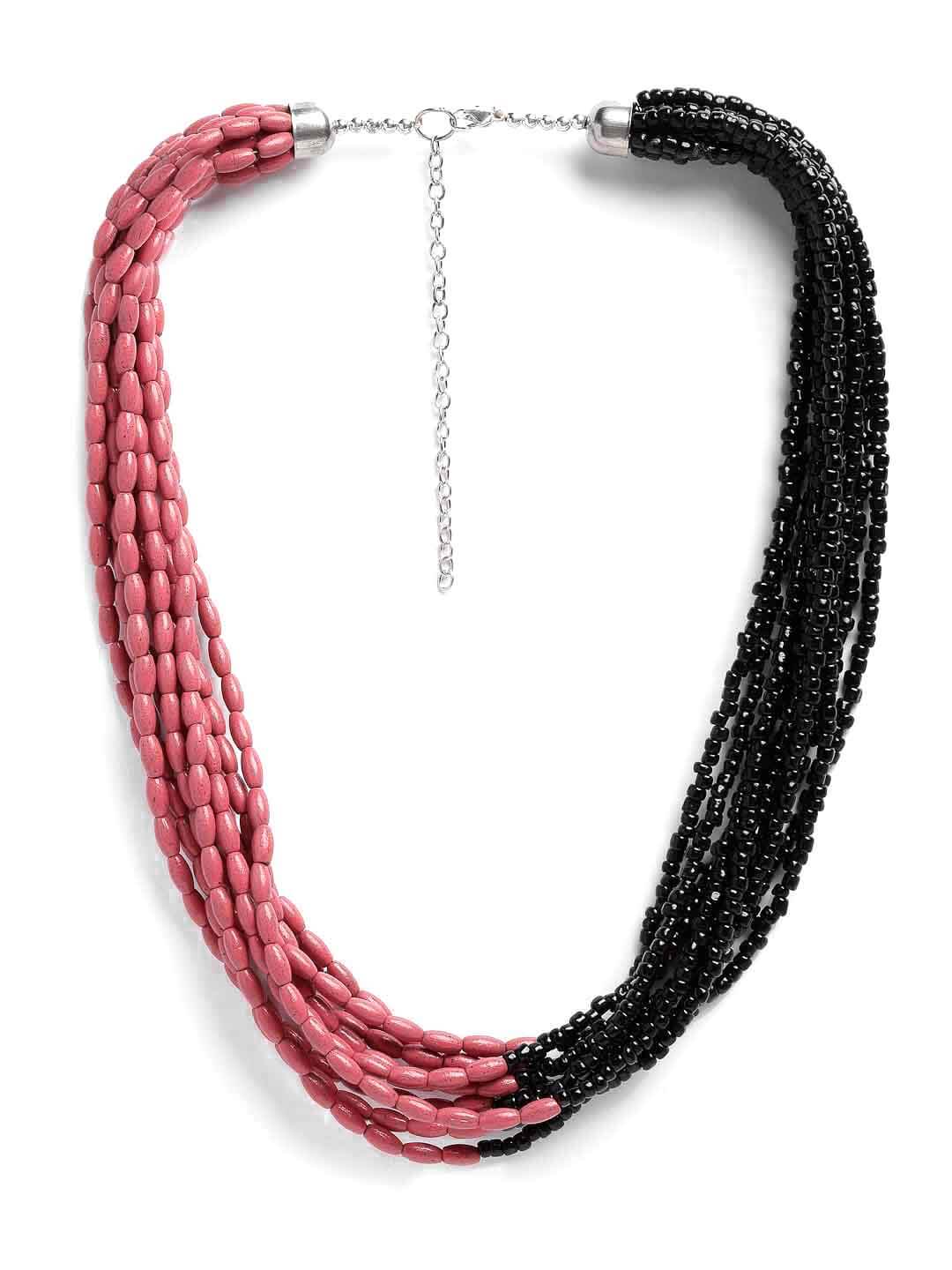 Pink & Black Brass Silver-Plated Beaded Necklace