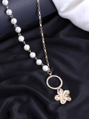 Gold-Plated Floral Shaped With White Beaded Necklace And Chain