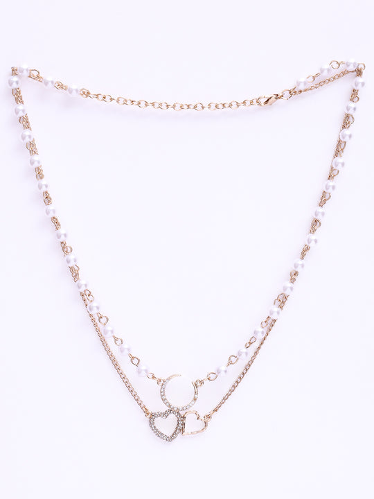 Gold-Plated Heart & Moon Shaped Beaded Layered Necklace