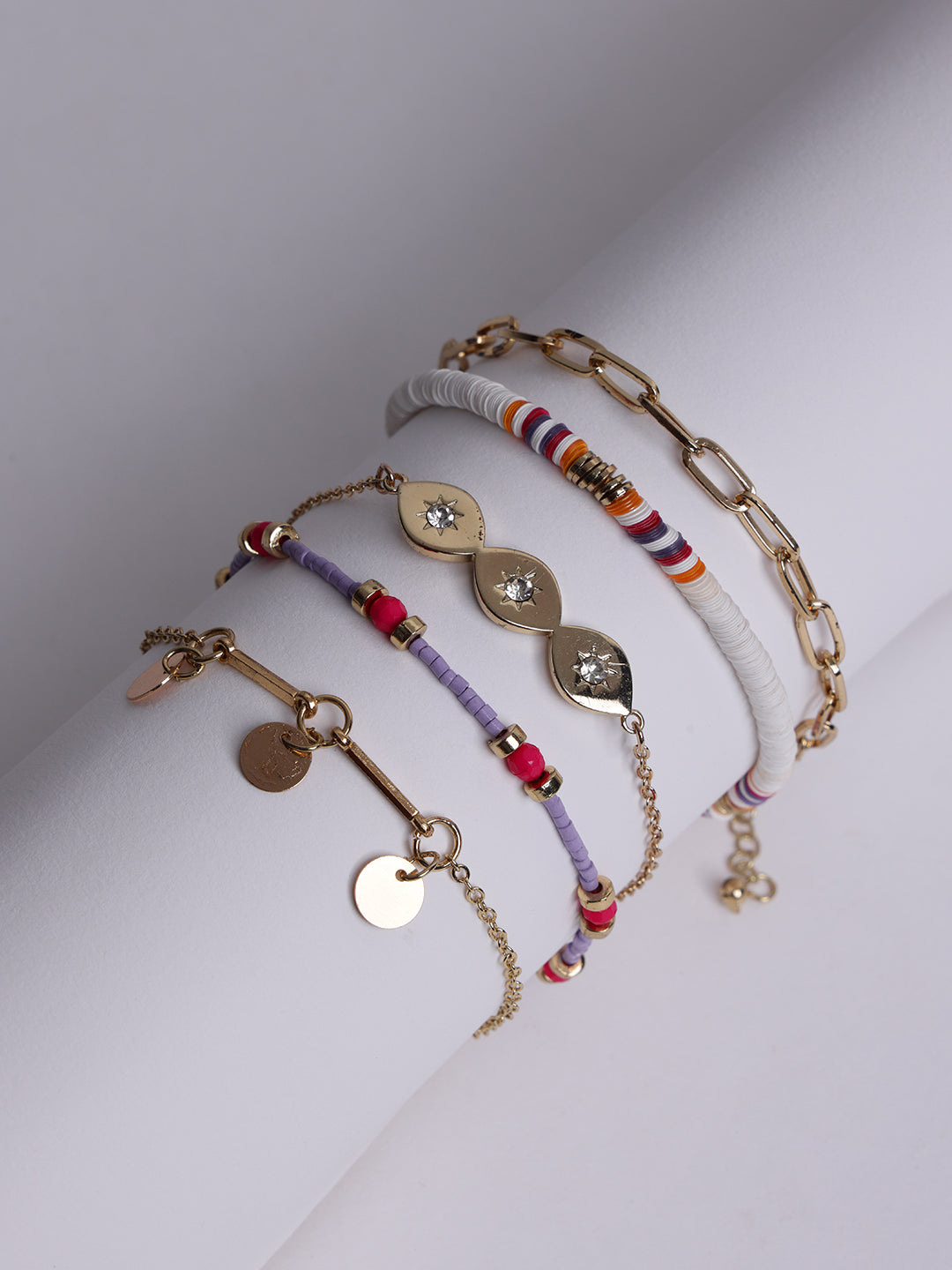 Women Set of 5 Gold-Plated & Red Charm Bracelets