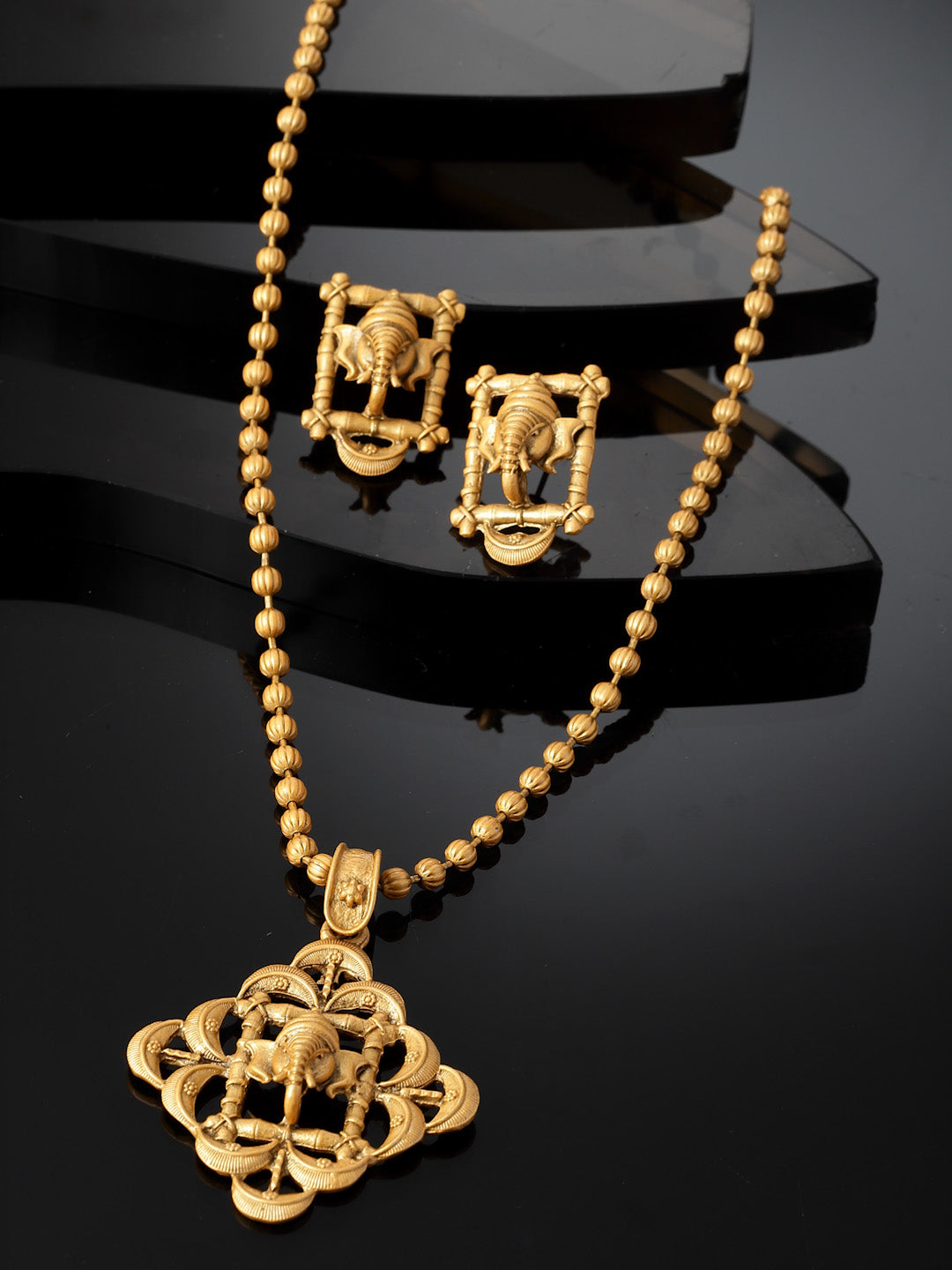 Gold-Plated CZ-Studded Ganesh Shaped Pendant With Chain