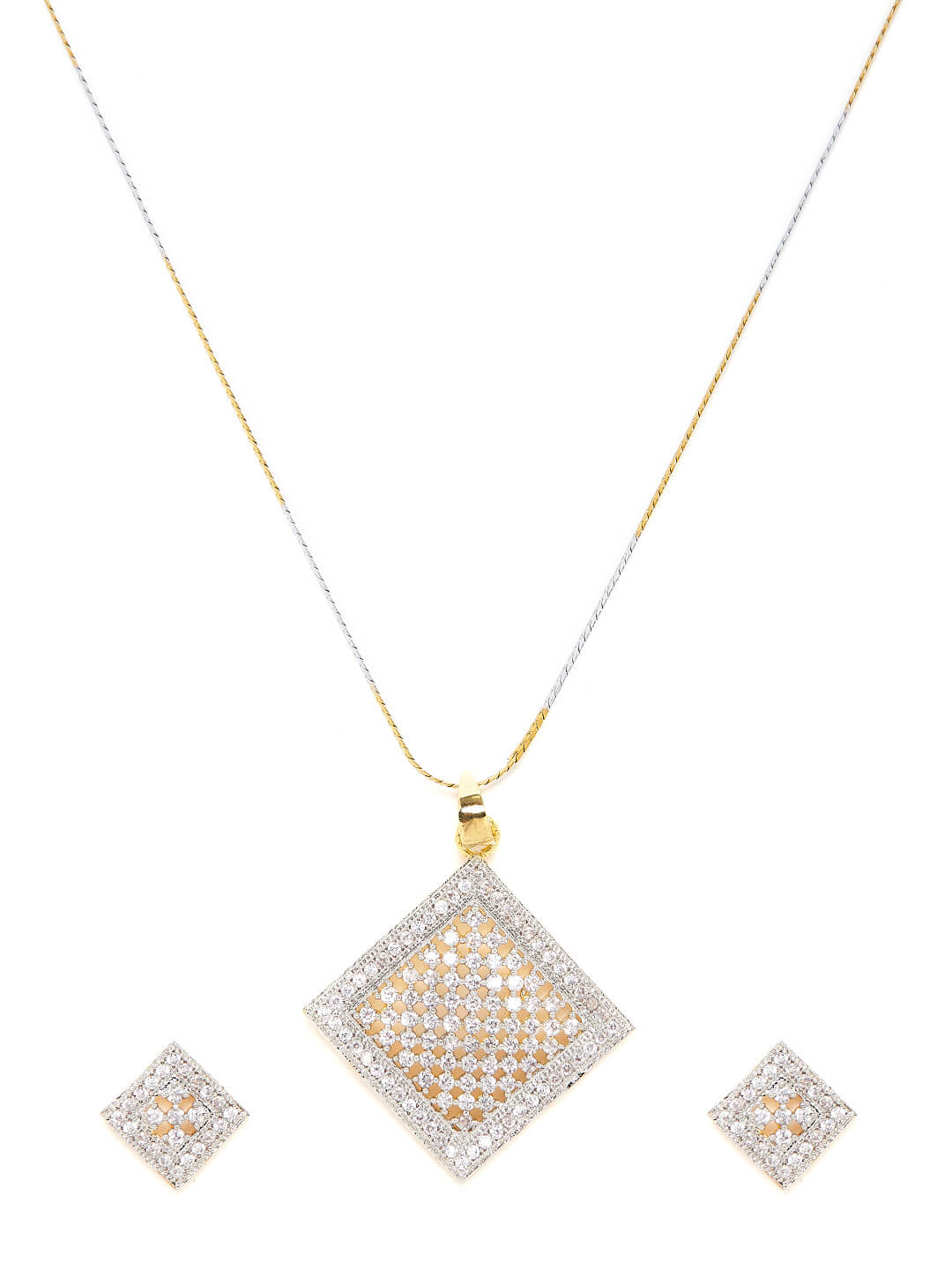 Gold-Plated Silver-Toned & White CZ-Studded Square Shape Handcrafted Jewellery Se