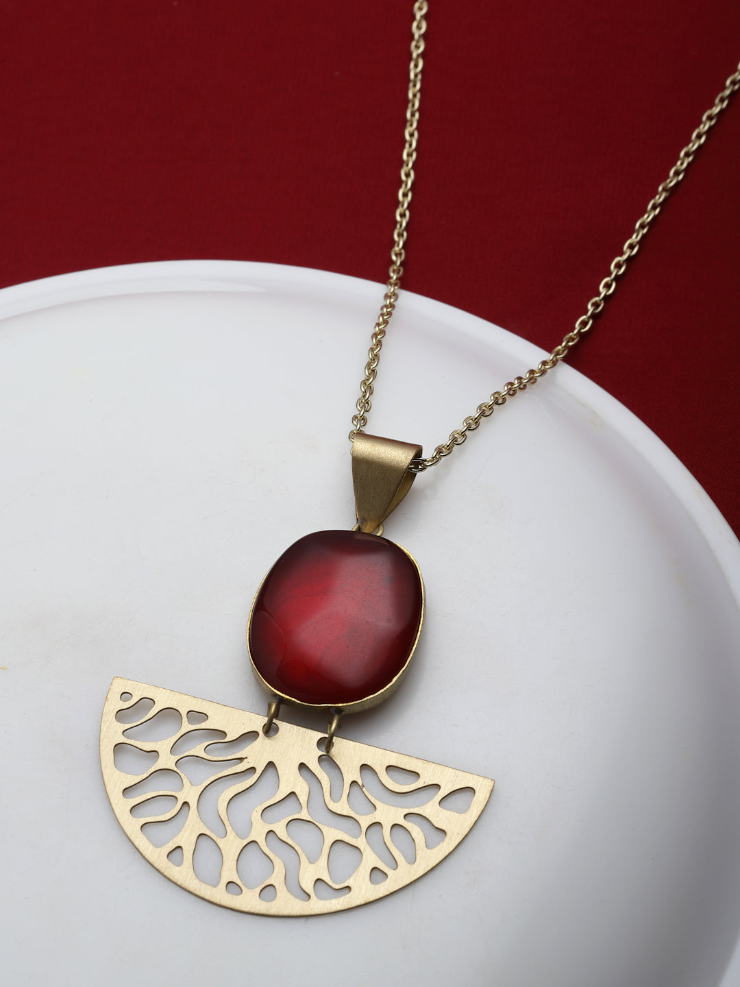 Gold-Plated Stone-Studded Pendant with Chain