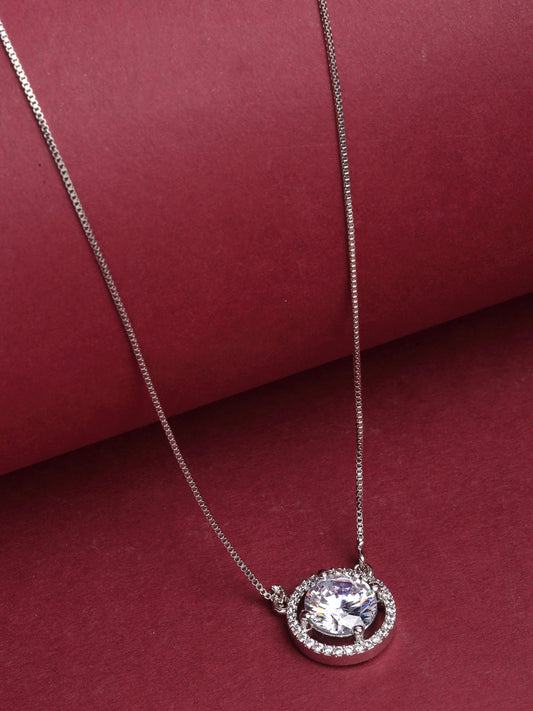 Silver-Plated CZ Studded Circular Pendant with Chain