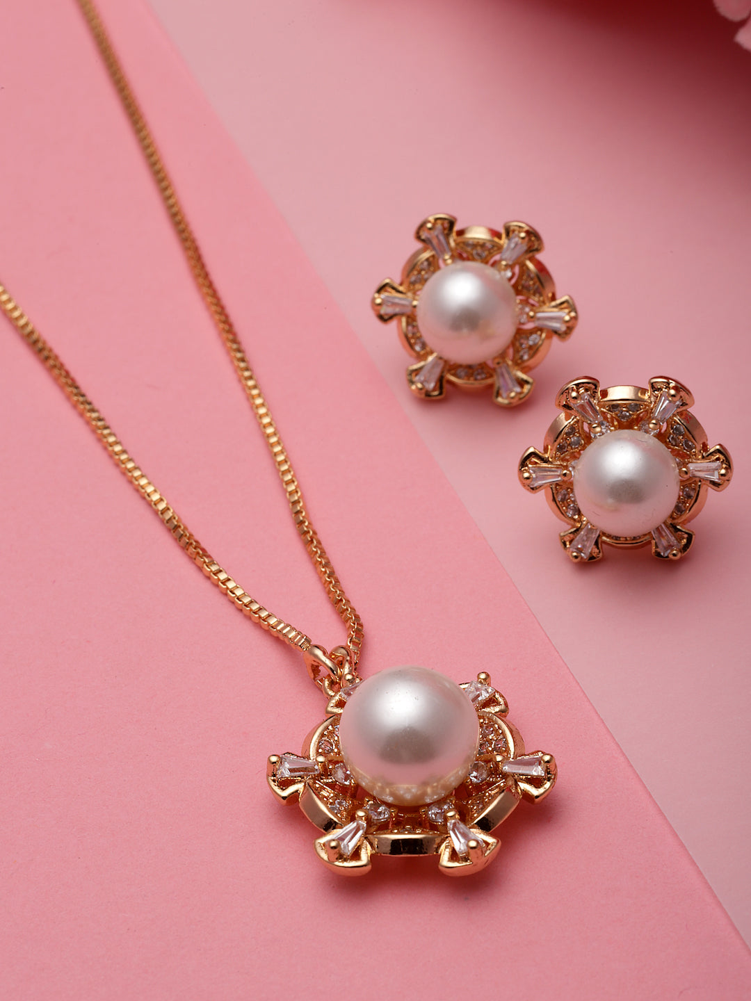 Gold-Plated Stone Studded Pearl Pendant With Earrings