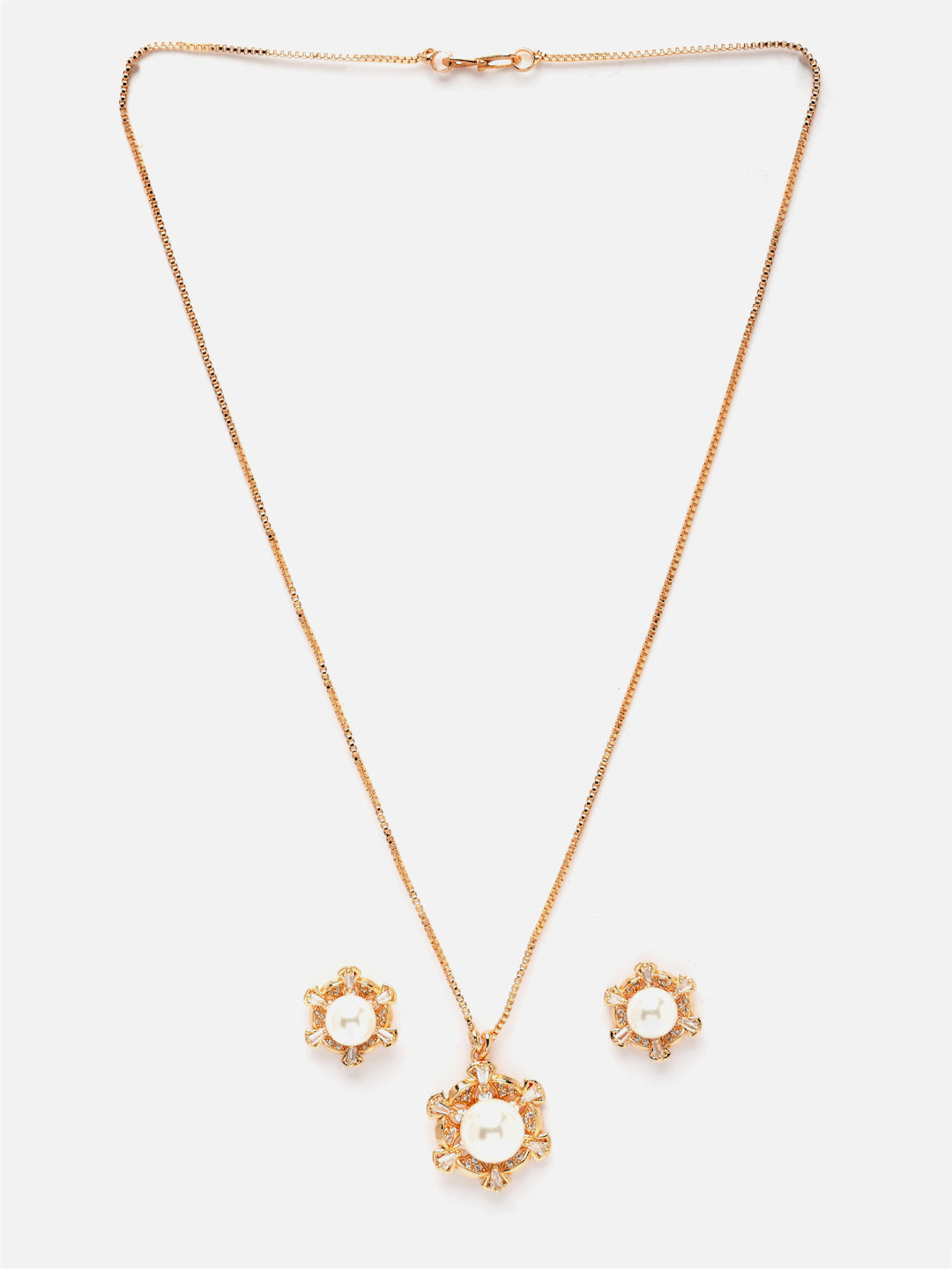 Gold-Plated Stone Studded Pearl Pendant With Earrings