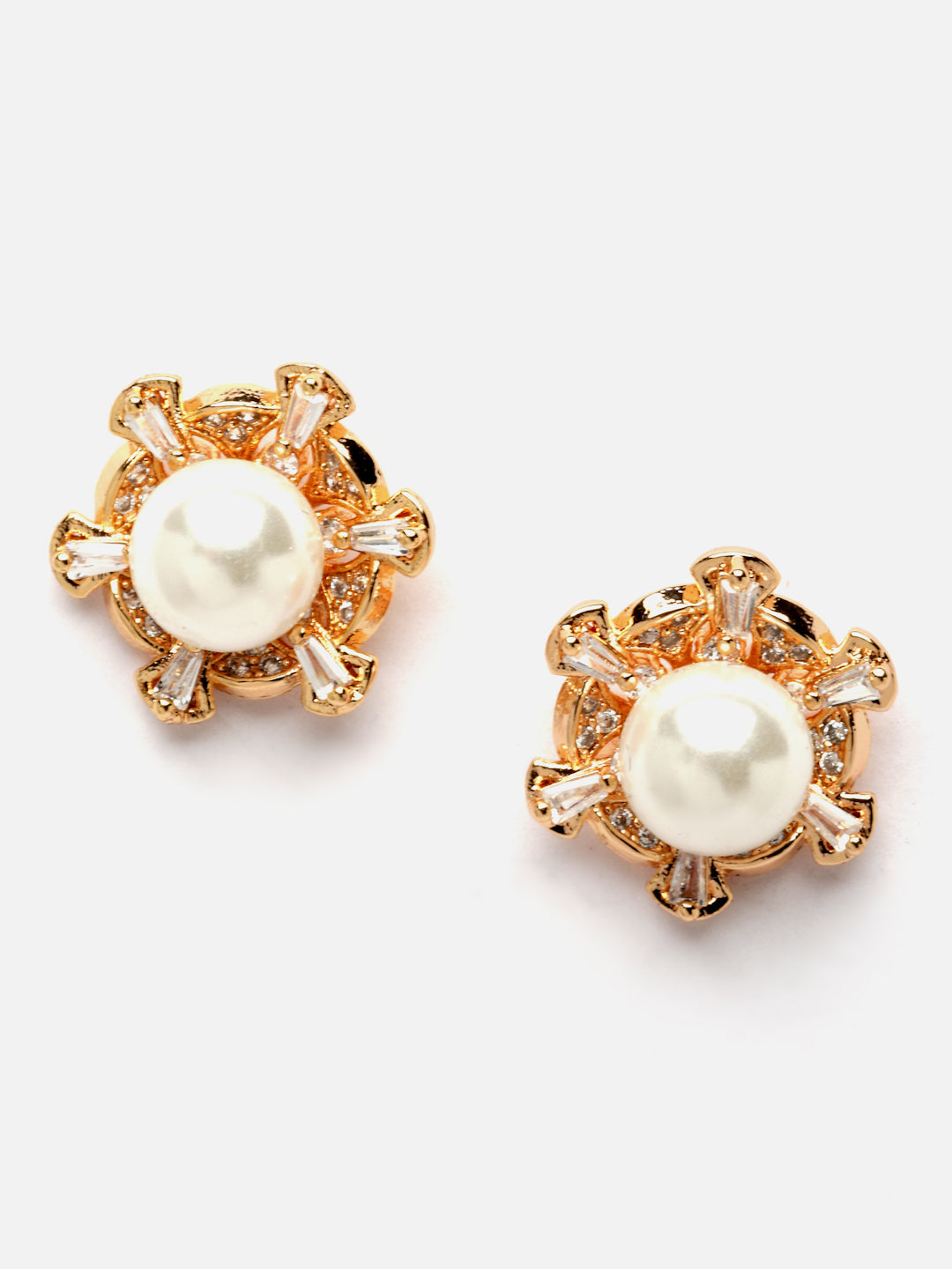 Gold-Plated Stone Studded Pearl Pendant With Earrings