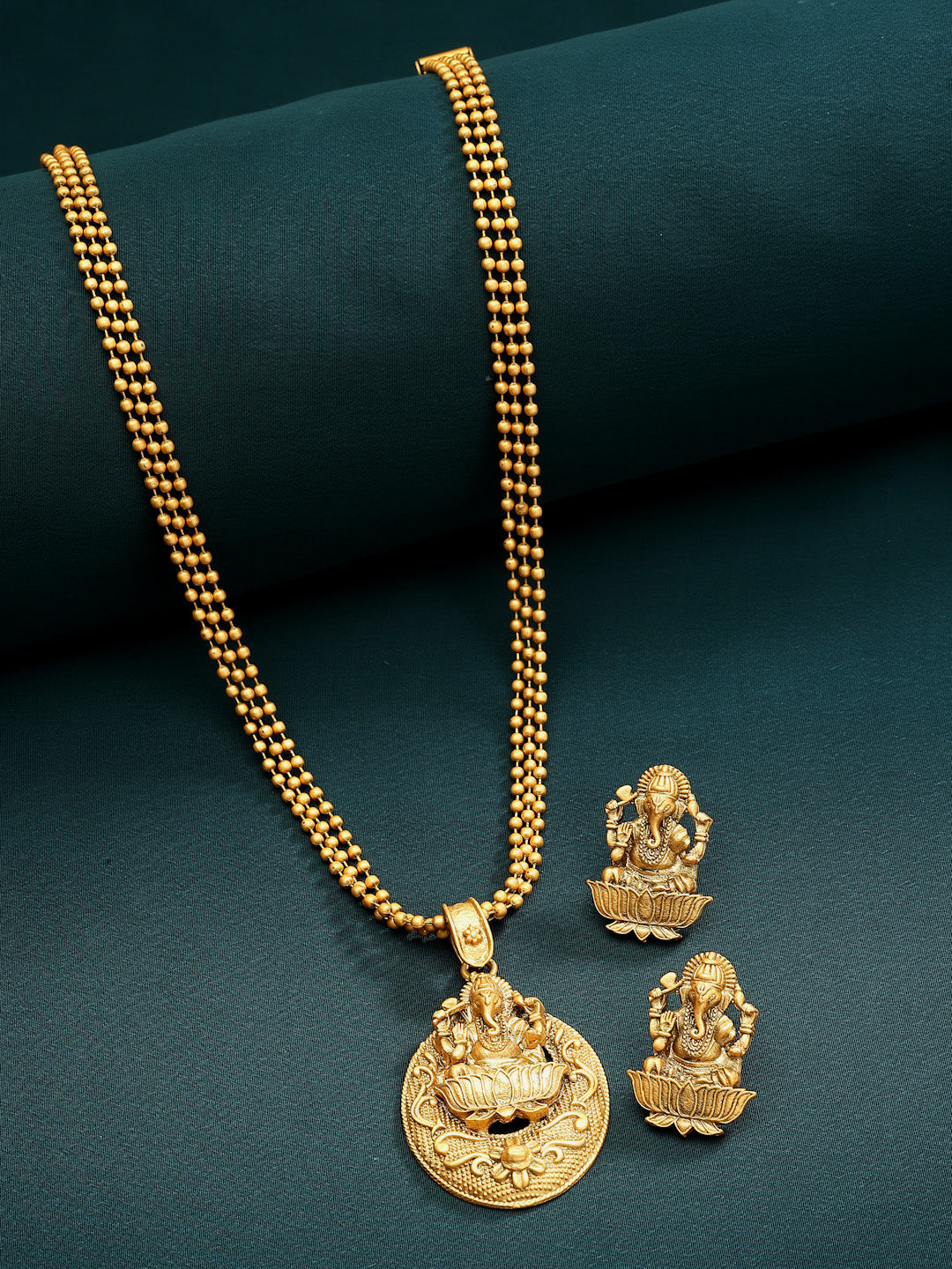 Gold-Plated CZ-Studded Ganesh Shaped Pendant with Chain