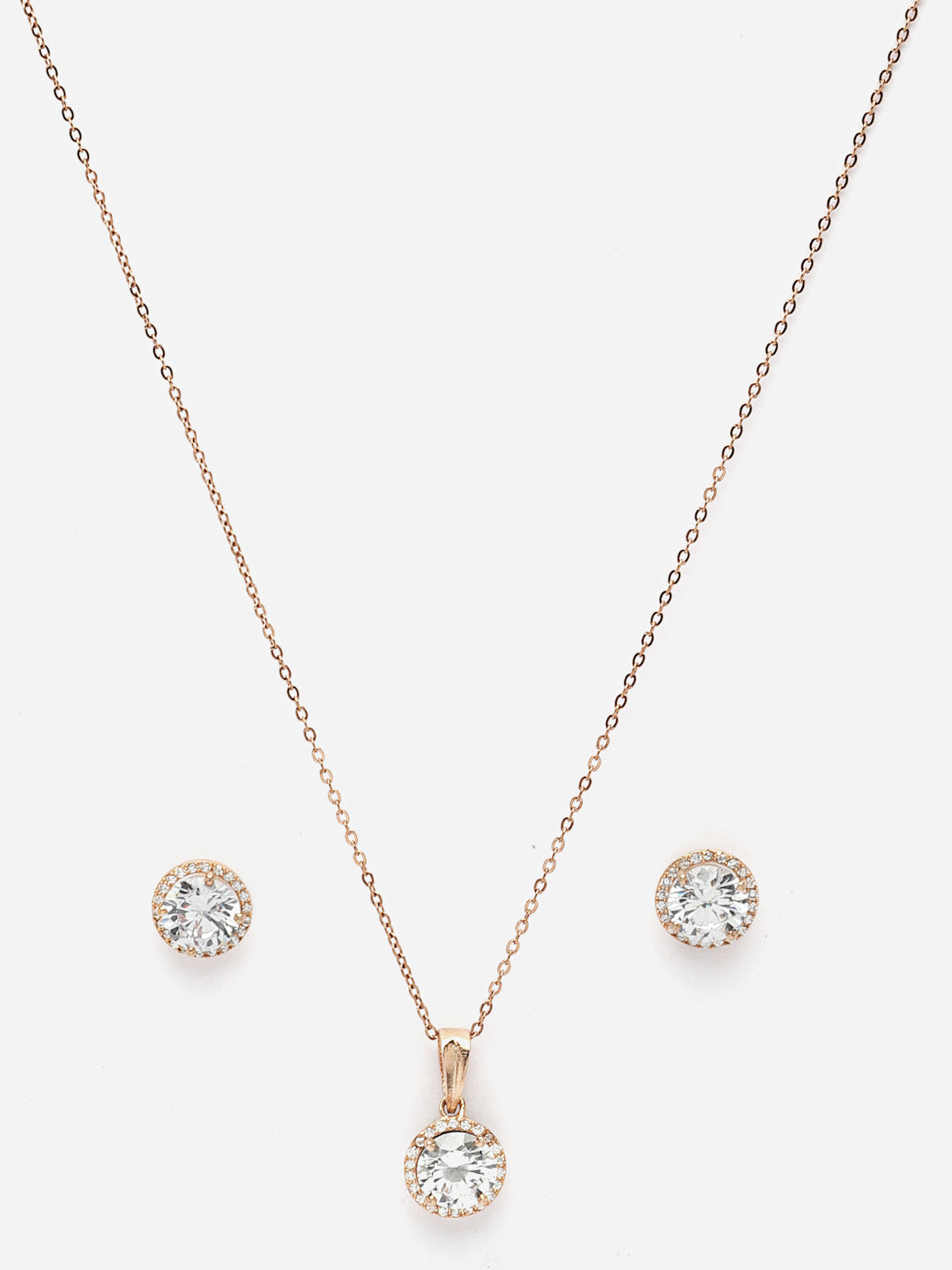 Gold-Plated Cubic Zirconia Studded Solitaire Pendant with Earrings & Ring