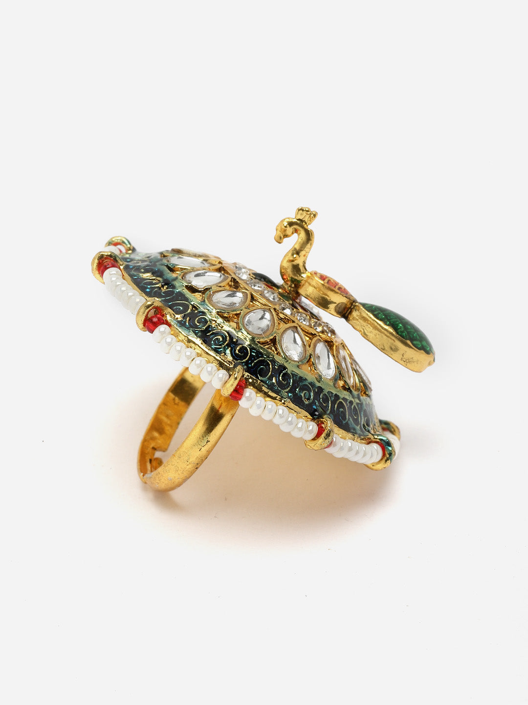 Gold-Plated Kundan-Studded & Pearl Beaded Finger Ring