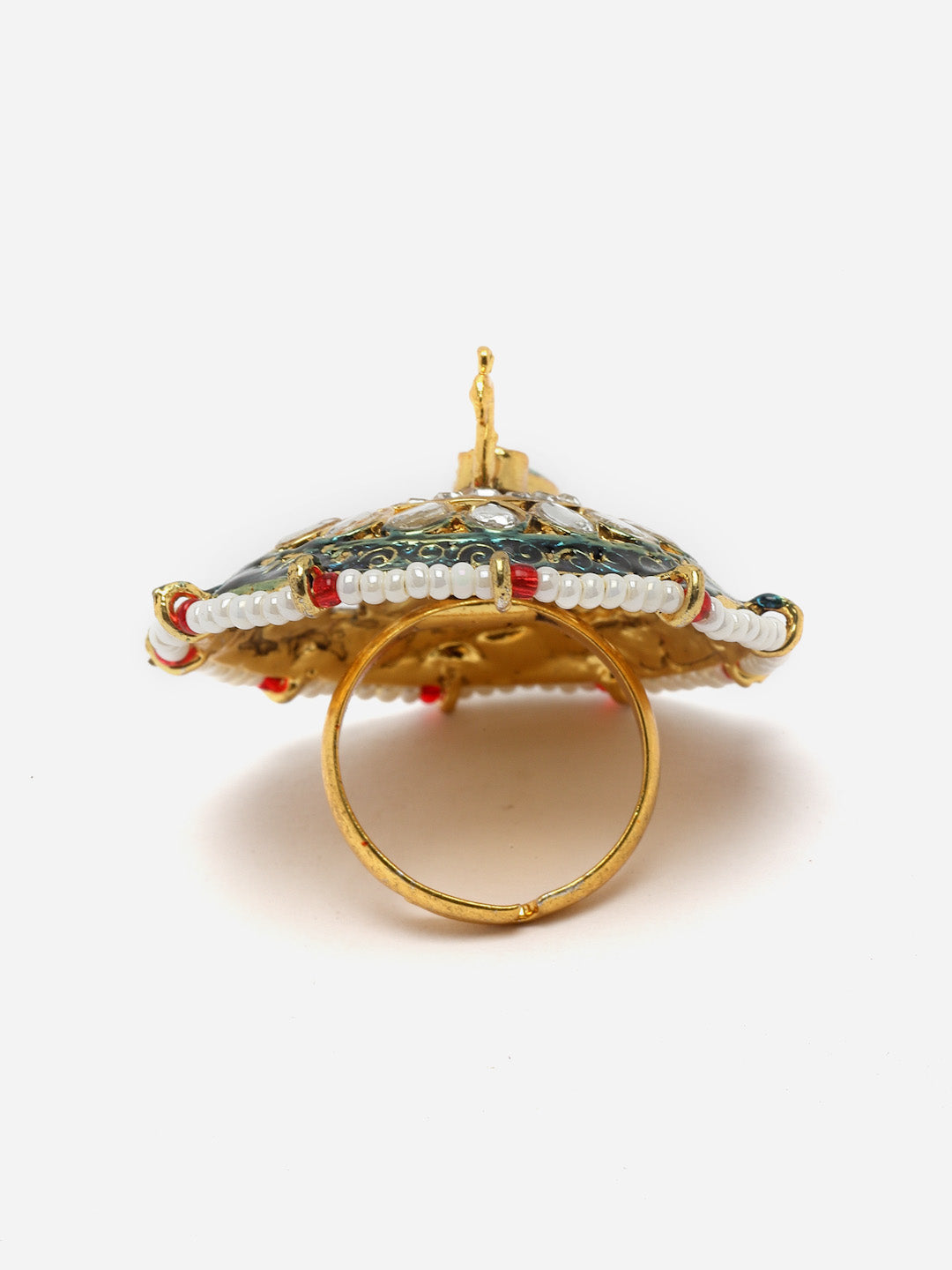 Gold-Plated Kundan-Studded & Pearl Beaded Finger Ring