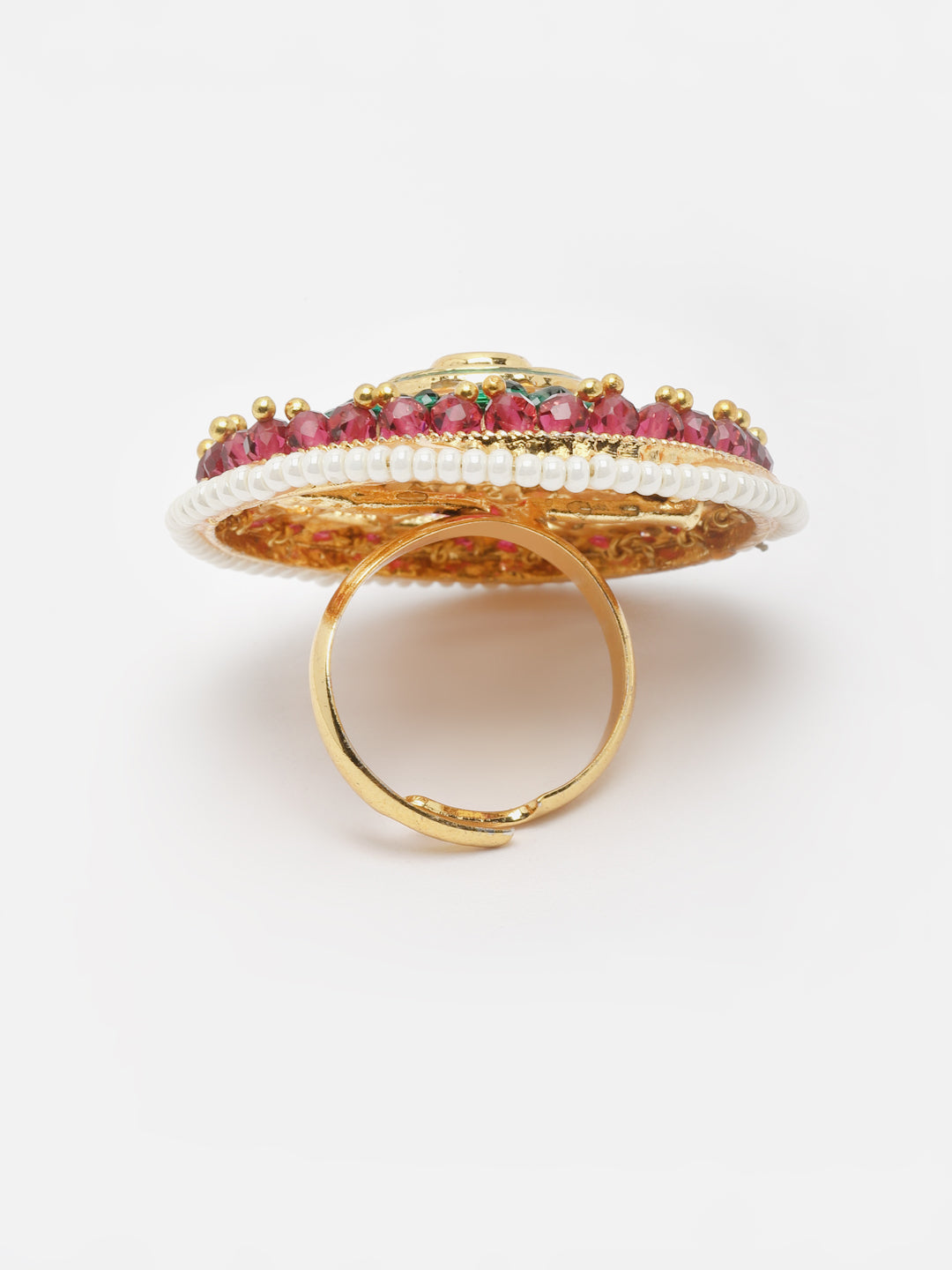 Gold-Plated Stone-Studded & Pearl Beaded Finger Ring