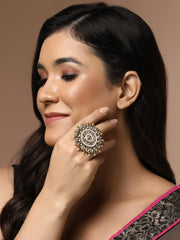 Gold-Plated Kundan-Studded & Pearl Beaded Finger Ring