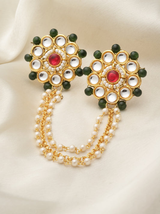 Gold-Plated Stone-Studded & Pearl Beaded Finger Ring