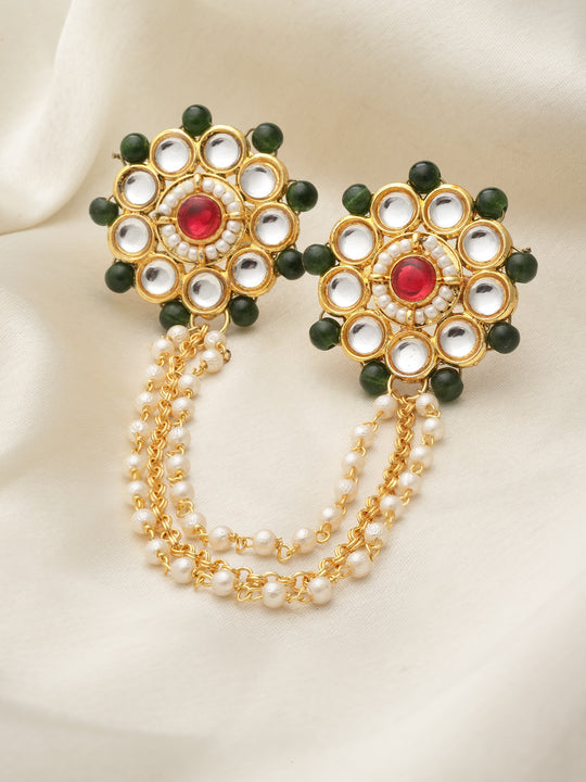 Gold-Plated Stone-Studded & Pearl Beaded Finger Ring