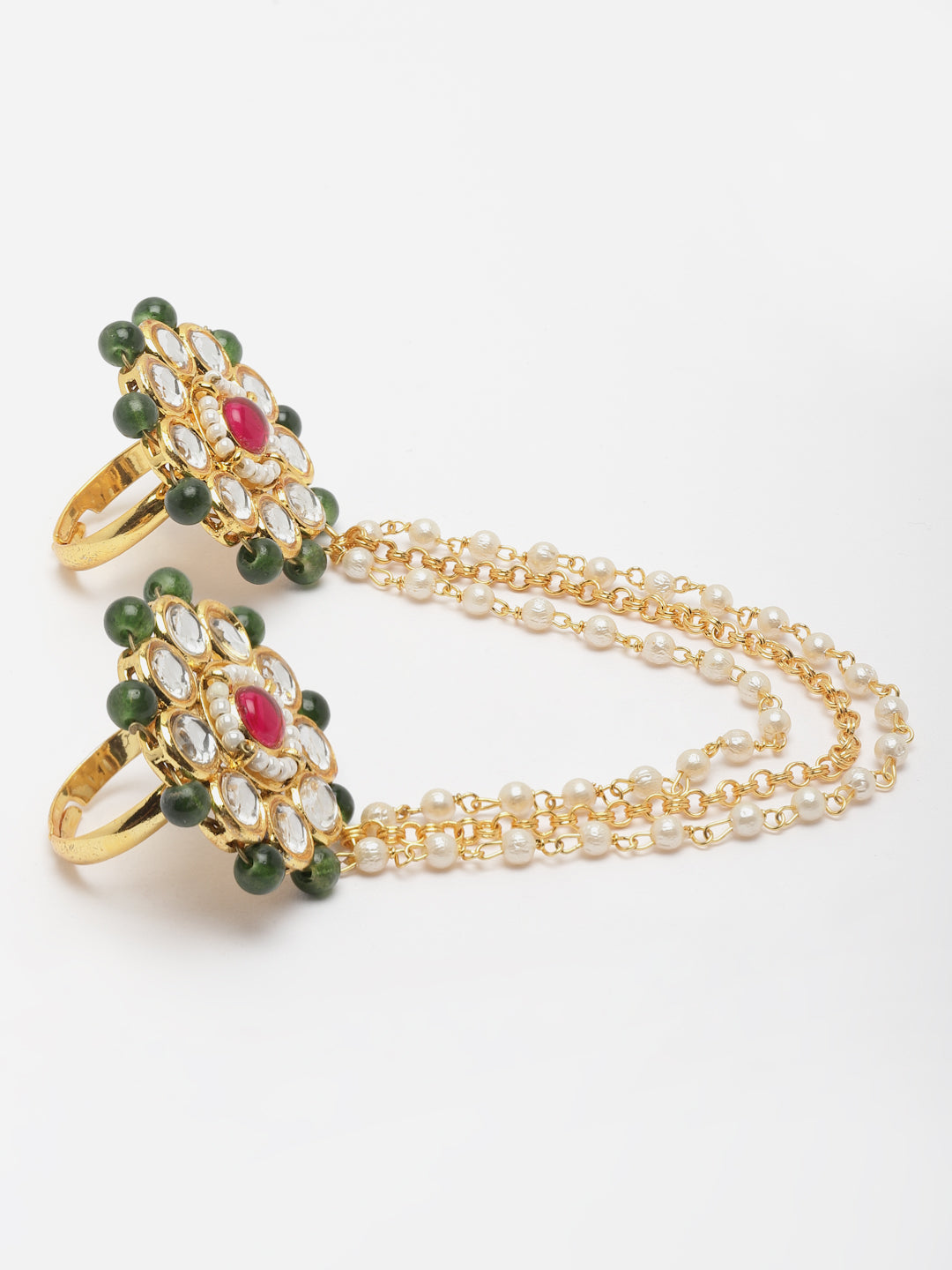 Gold-Plated Stone-Studded & Pearl Beaded Finger Ring