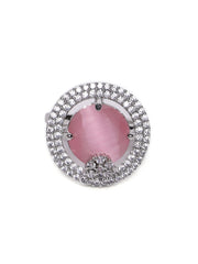 Rhodium Plated American Diamond Ring with Pink Stone Centerpiece