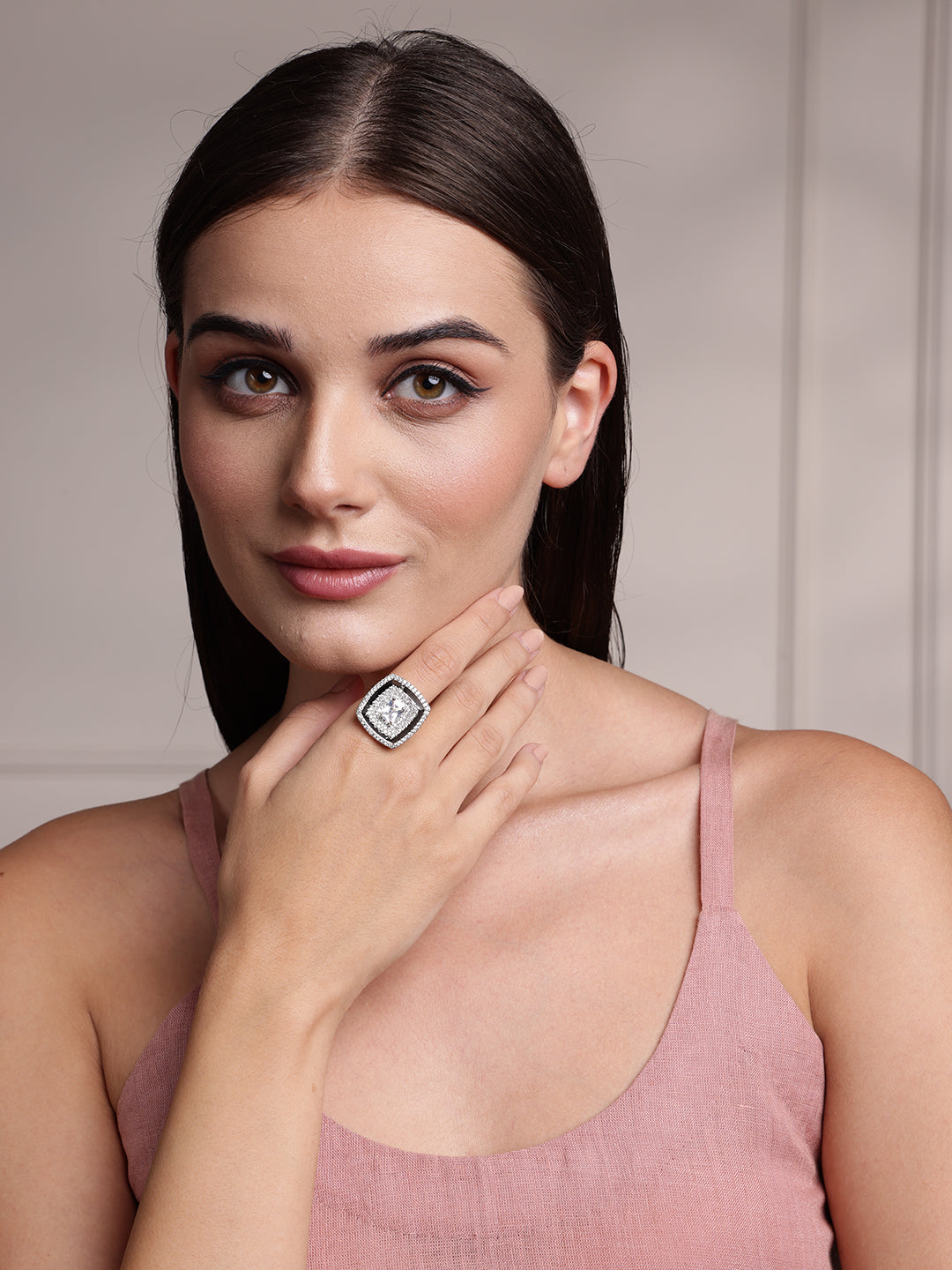 Silver-Plated Cubic Zirconia Stone-Studded Adjustable Finger Ring