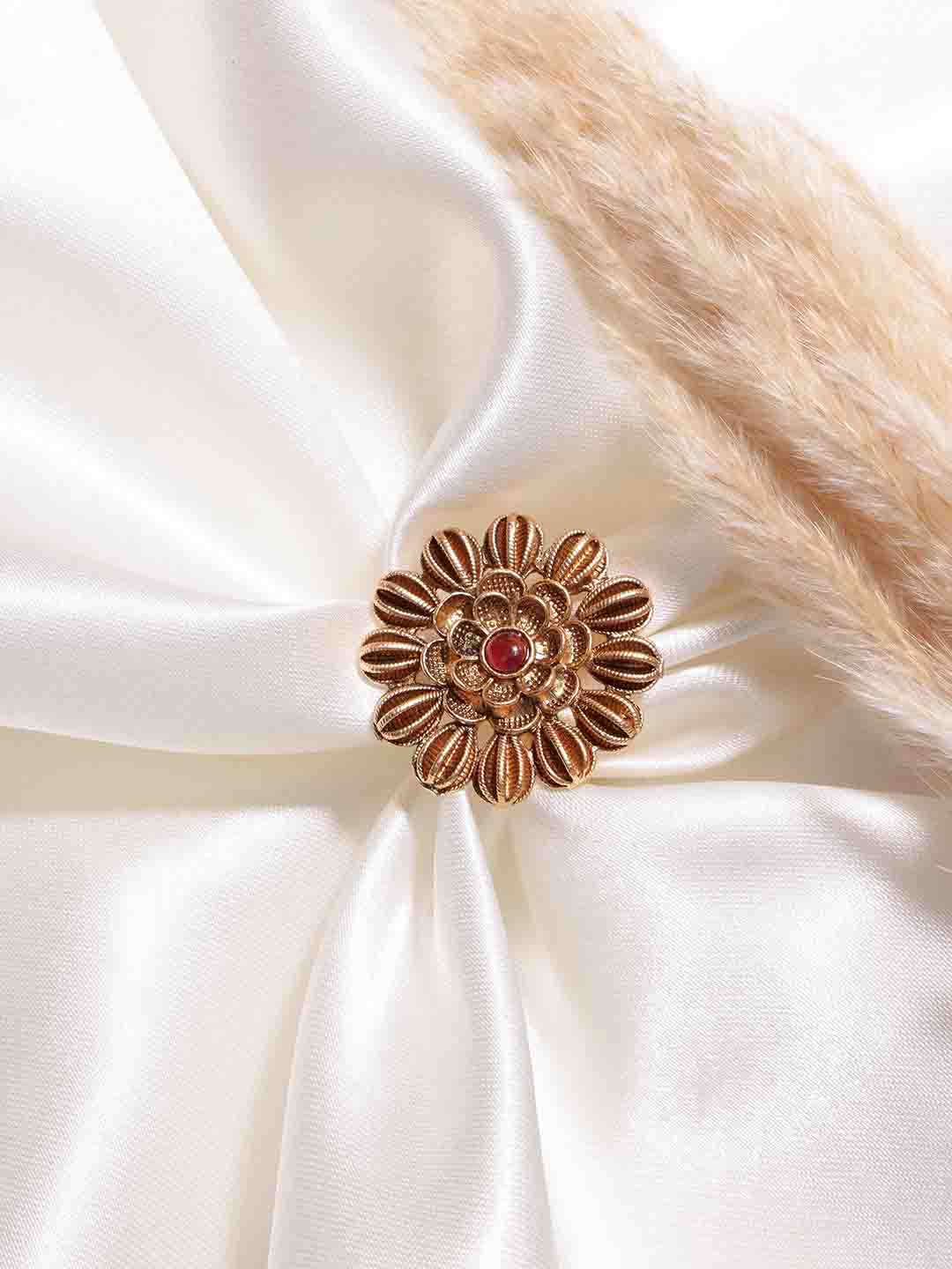 Gold-Plated Stone Studded Floral-Shaped Adjustable Finger Ring