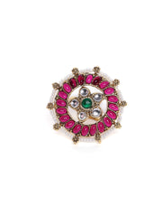 Gold-Plated Stone-Studded & Beaded Adjustable Finger Ring