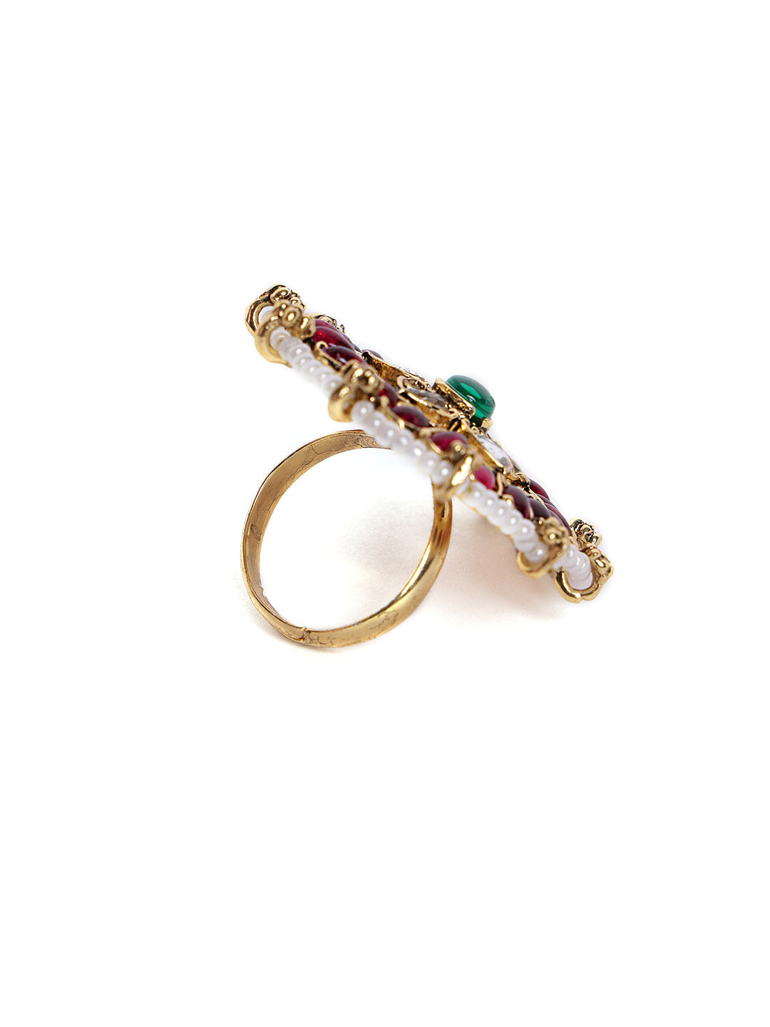 Gold-Plated Stone-Studded & Beaded Adjustable Finger Ring
