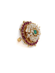 Gold-Plated Stone-Studded & Beaded Adjustable Finger Ring