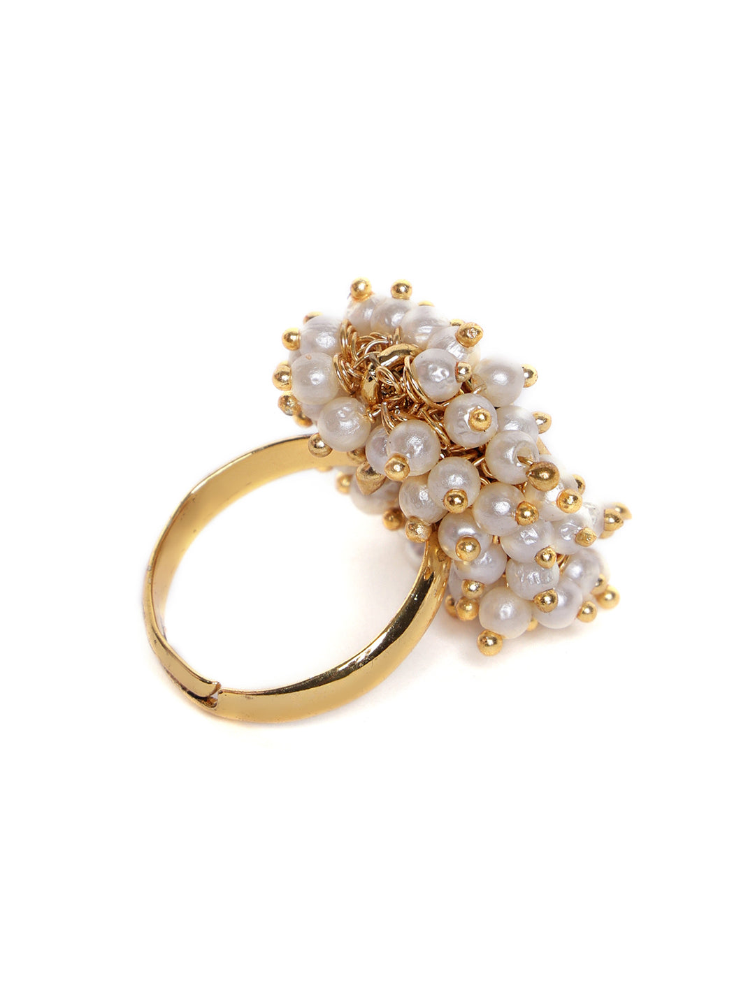 Gold Plated Kundan Studded & Beaded Finger Ring