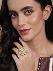 Gold-Plated Kundan Stone-Studded & Beaded Adjustable Finger Ring