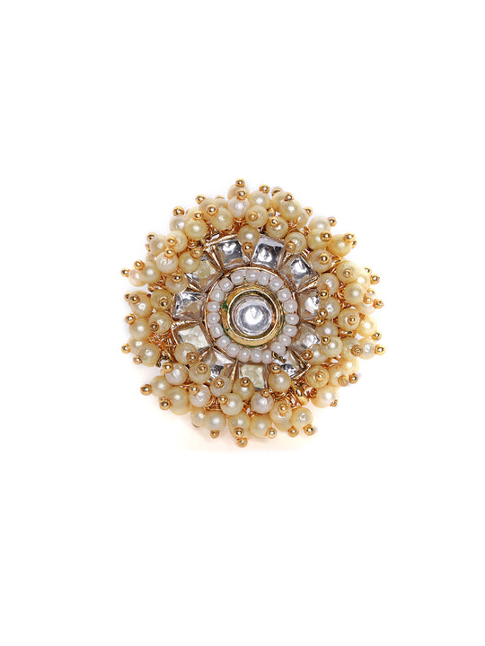 Gold-Plated Kundan Stone-Studded & Beaded Adjustable Finger Ring