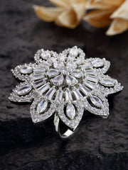 Silver-Toned Silver-Plated White CZ Studded Flower Adjustable Finger Ring