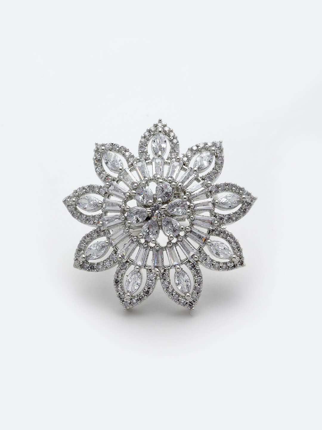 Silver-Toned Silver-Plated White CZ Studded Flower Adjustable Finger Ring