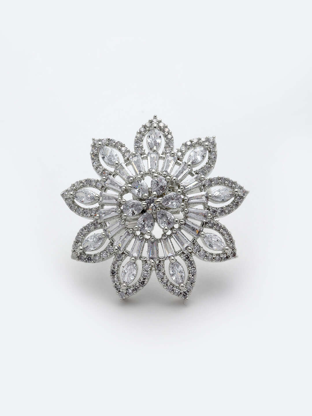 Silver-Toned Silver-Plated White CZ Studded Flower Adjustable Finger Ring