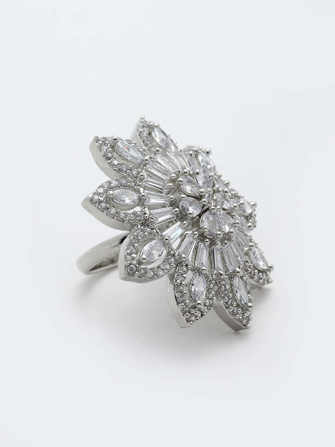 Silver-Toned Silver-Plated White CZ Studded Flower Adjustable Finger Ring