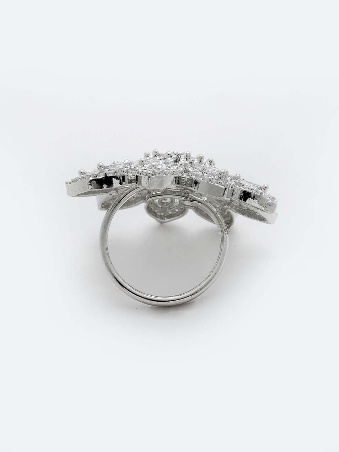 Silver-Toned Silver-Plated White CZ Studded Flower Adjustable Finger Ring