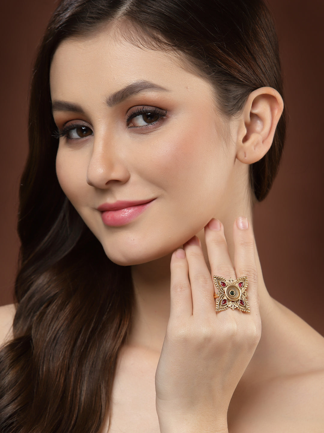 Gold-Plated Stone-Studded Adjustable Finger Ring