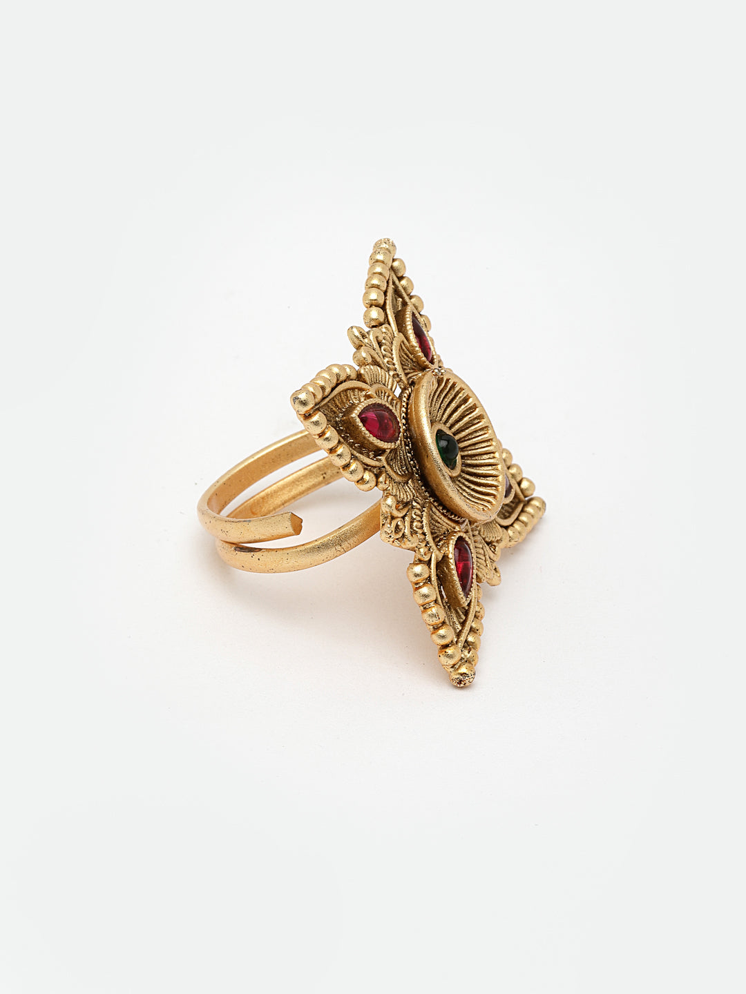 Gold-Plated Stone-Studded Adjustable Finger Ring