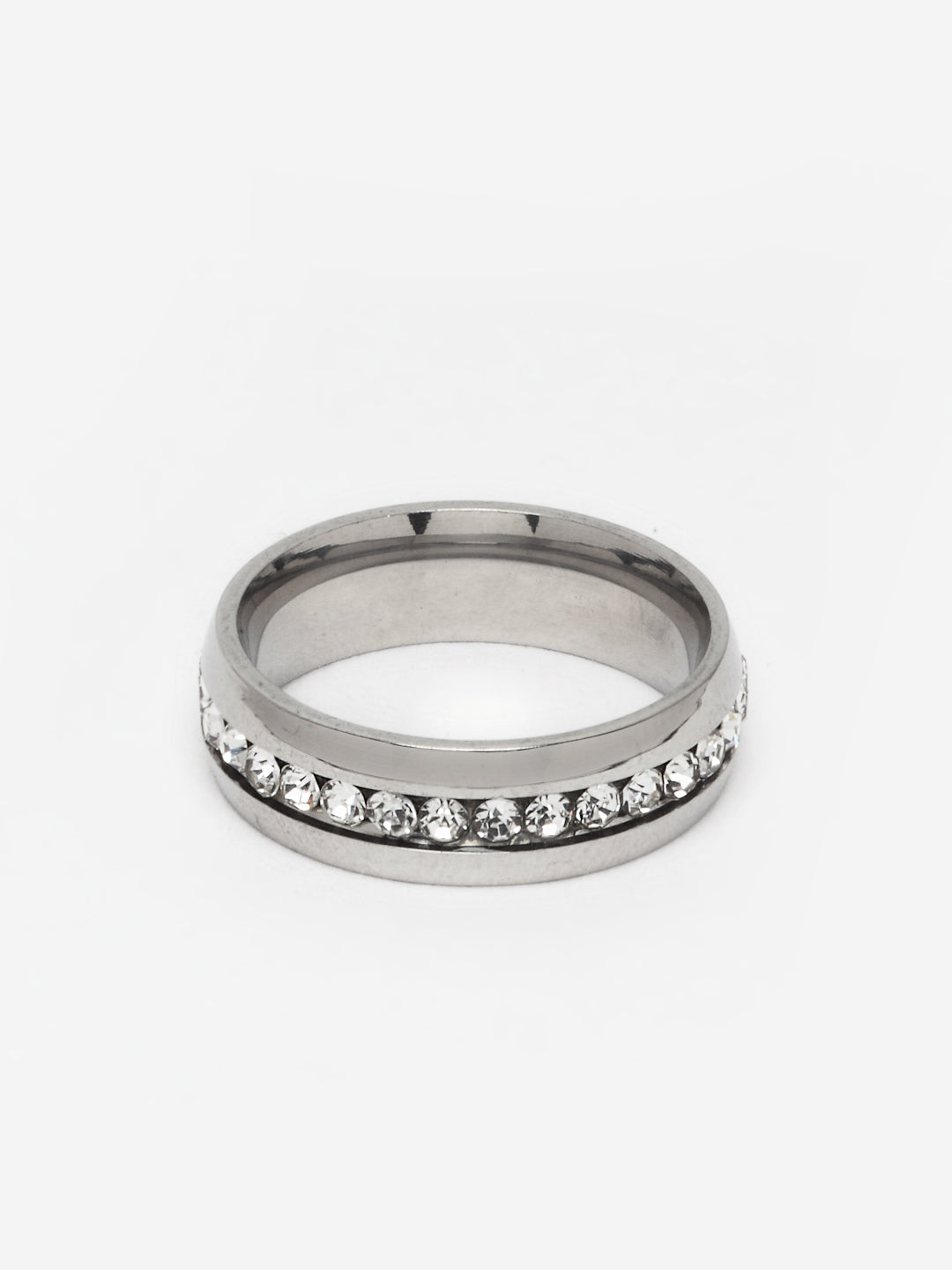 Rhodium-Plated Silver-Toned & White CZ-Studded Finger Ring