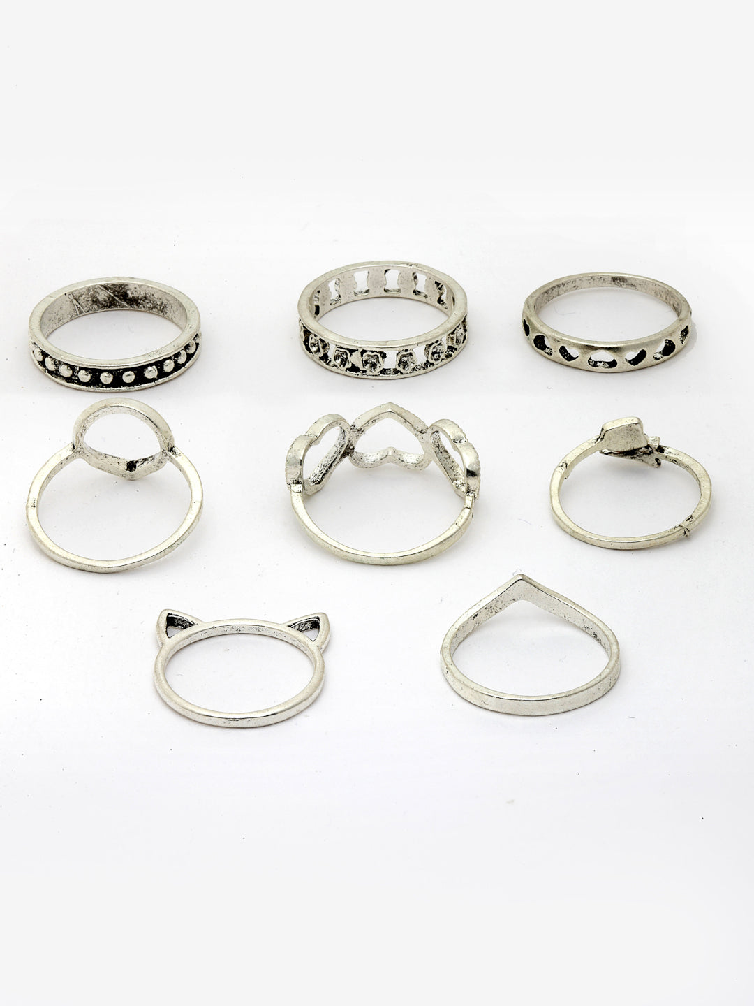 Set Of 8 Oxidised Silver-Plated Finger Rings