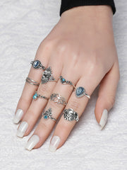 Set Of 9 Oxidized Silver-Plated Stone-Studded Finger Rings