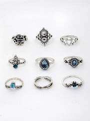 Set Of 9 Oxidized Silver-Plated Stone-Studded Finger Rings